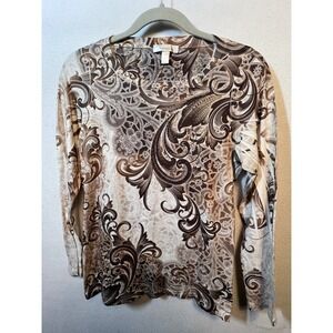 Dressbarn Women's Small Brown Beige Embellished Paisley Long Sleeve Top‎